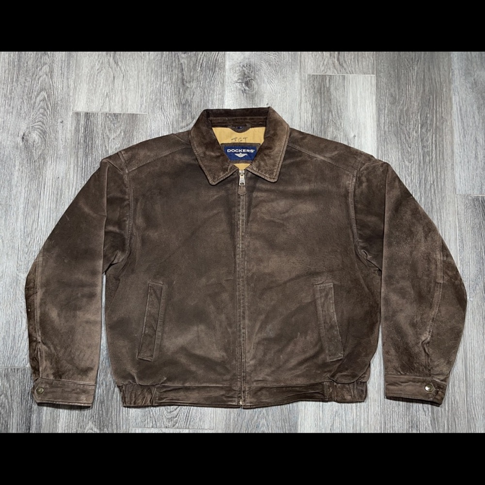 Dockers worn and worked in leather jacket